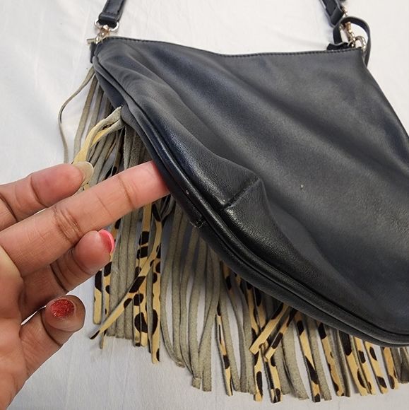 Urban Orginal Women's Brown/Black Leather Fringe  Animal Print Crossbody Bag - Picture 11 of 16